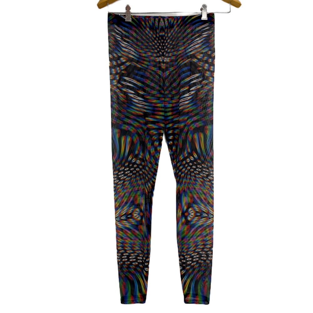 Badinka Leggings Womens Large Black Rainbow Psychedelic Mesh Trippy Rave Sheer